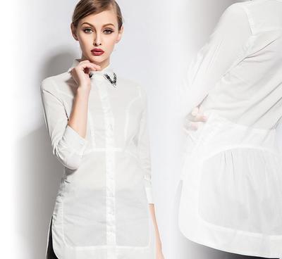 2015春新款女裝 翻領(lǐng)訂珠七分袖修身氣質(zhì)中長款女式襯衫